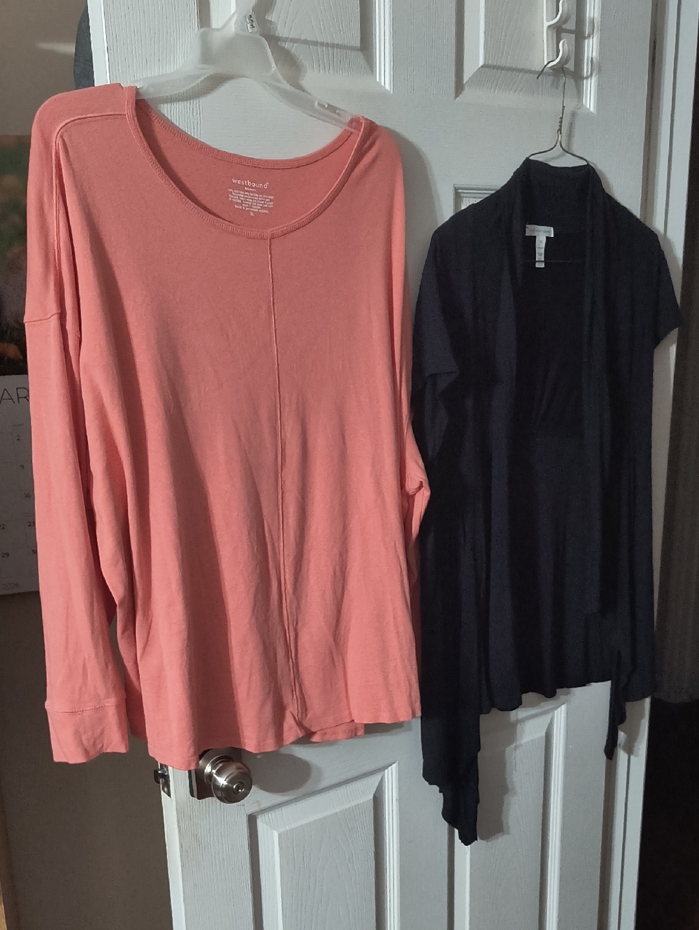 Westbound Coral Crewneck Top and Black Patterned Cardigan Layer